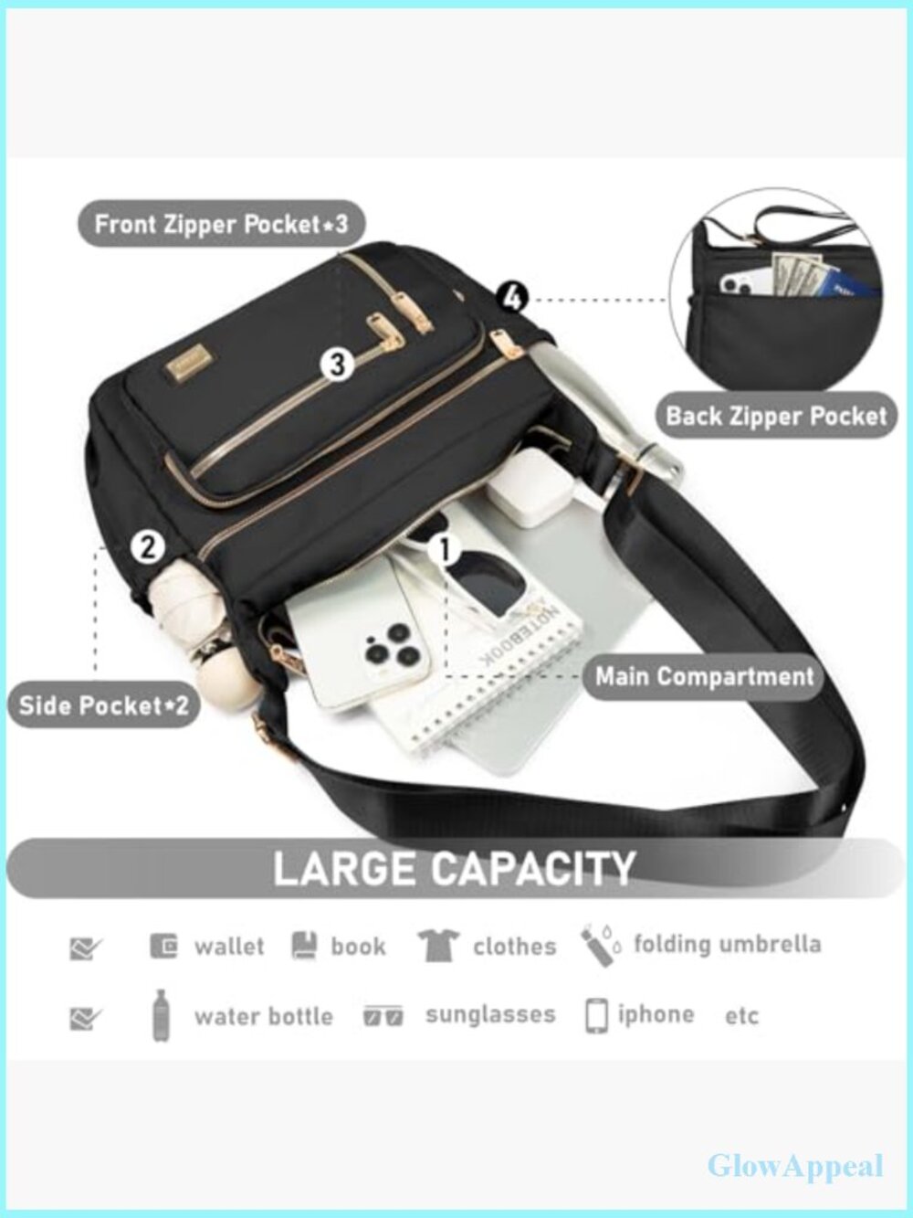 Crossbody Bag with Multiple Pockets, Water Resistant Polyester, Travel Purse - Picture 6 of 7